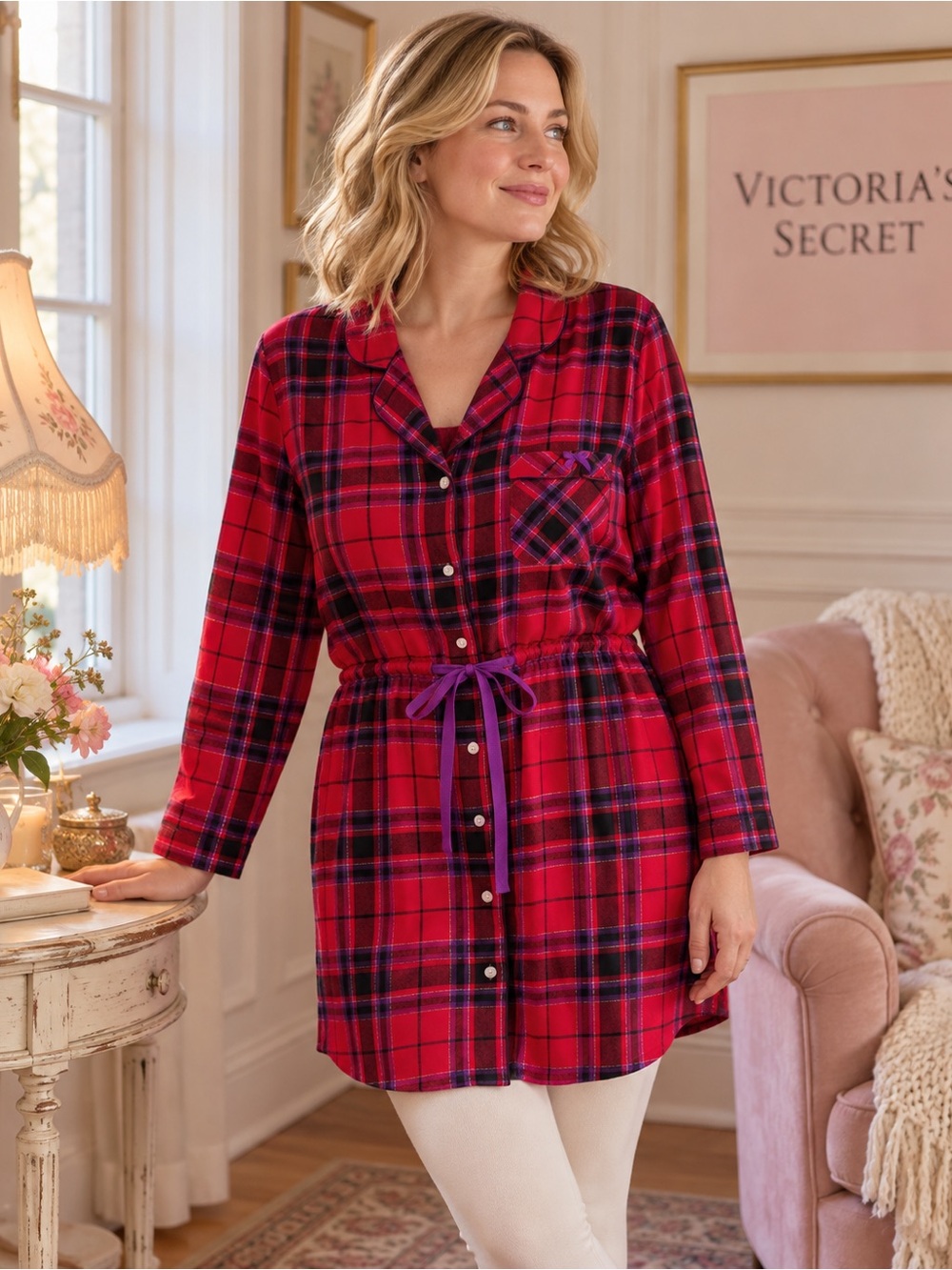 Victoria’s Secret Red Plaid Flannel Nightshirt Drawstring Waist L